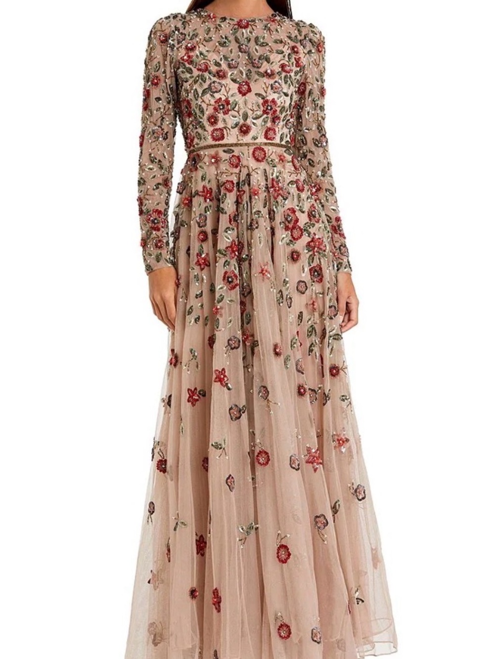 Mac Duggal Blush Floral Embroidered Long Sleeve Gown